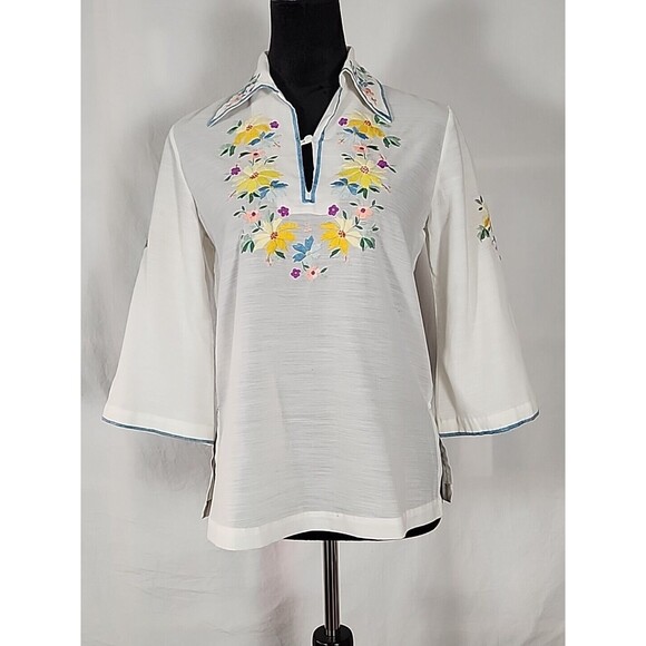 Vintage Lily Boho Floral Embroidered Tunic Top Blouse Sheer Peasant Medium - Picture 1 of 14